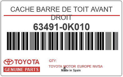 TOYOTA - 63491-0K010 CACHE BARRE DE TOIT AVANT DROIT