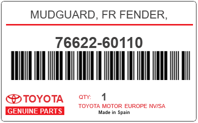 TOYOTA - 76622-60110 MUDGUARD, FR FENDER,