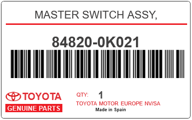 TOYOTA - 84820-0K021 MASTER SWITCH ASSY,