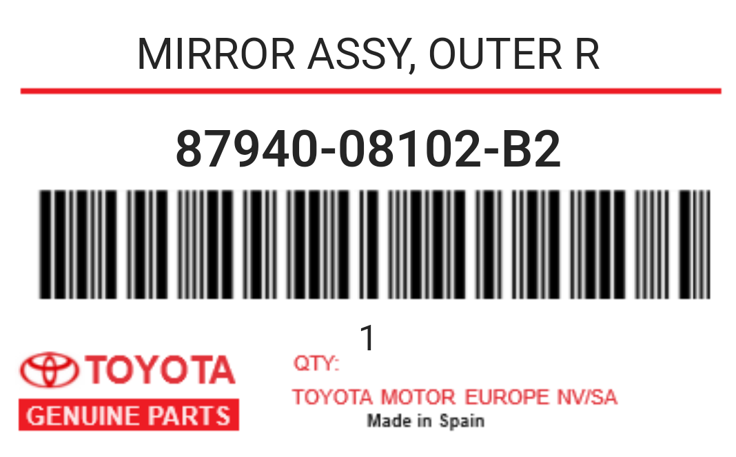 TOYOTA - 87940-08102-B2 MIRROR ASSY, OUTER R